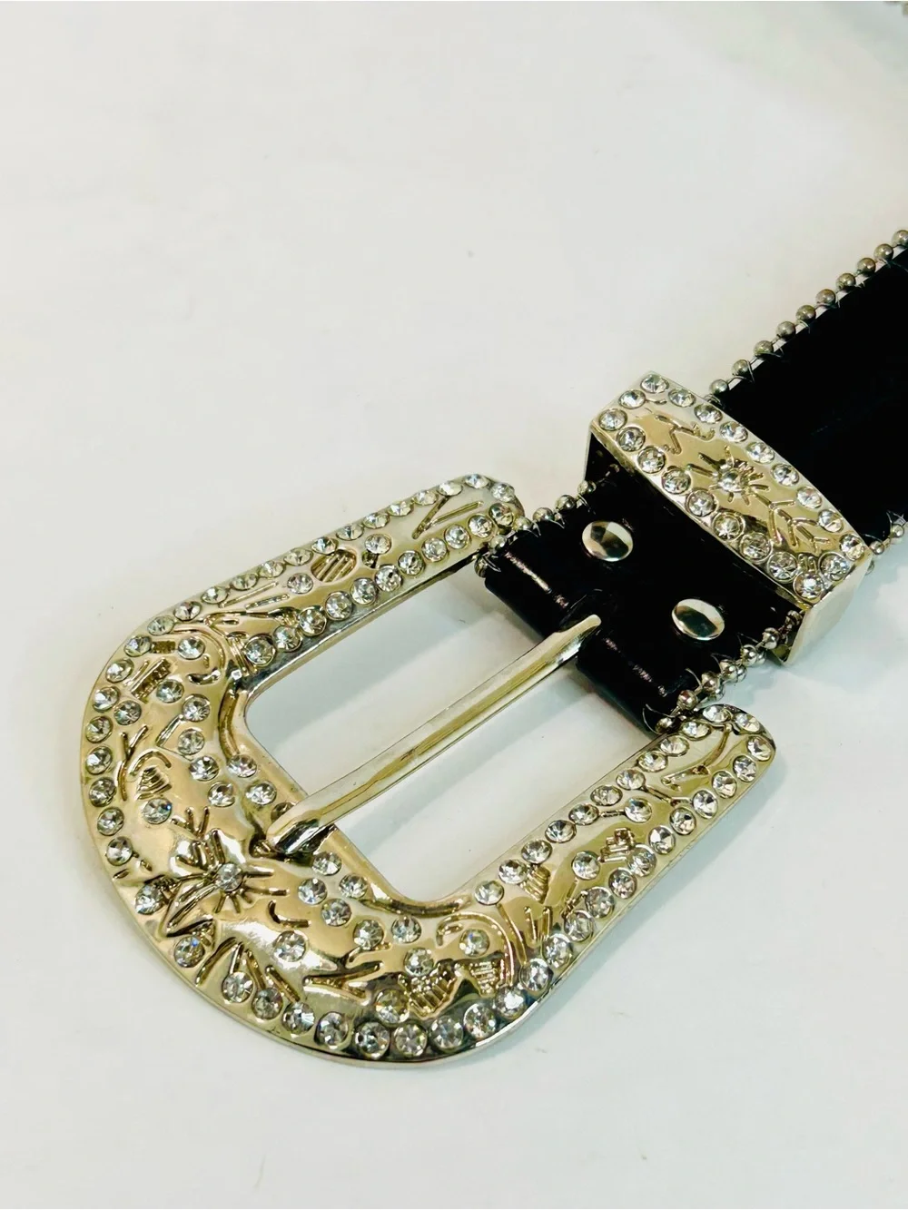 Western Black Leather Belt with Crystal Studded Rhinestones, Engraved Buckke